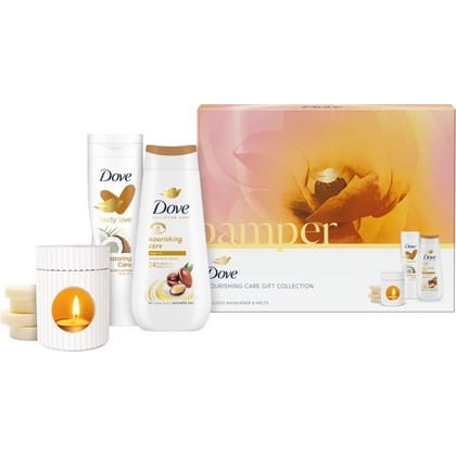 Geschenk Dove - Pamper - Nourishing Care 1x Douchegel 225 ml, 1 x Bodylotion 250 ml, 1x Wasbrander met Waxmelts. - 8720182949479