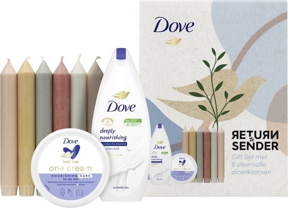 Geschenk Dove - Return To Sender - 1 x Douchegel 250 ml, 1x Creme 250 ml, 6 x Dinerkaarsen. - 8720182459008