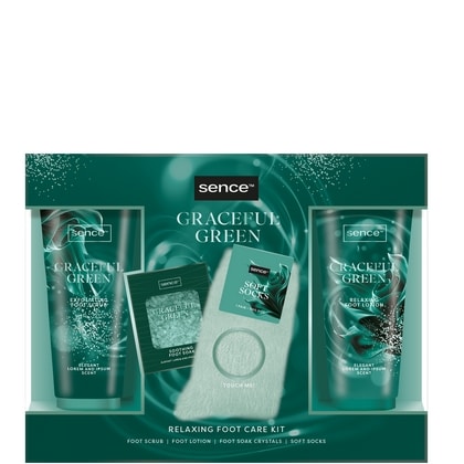 Geschenk Sence - Night Luxe Graceful Green Feet - (1x Voet Scrub 100 ml, 1x Voeten Creme 100ml, 2x Voetenbadbuistablet 30 gr, 1x Sokken) - 8721073629470